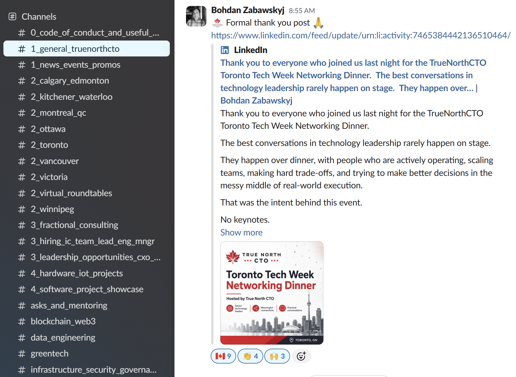 TrueNorthCTO Slack community conversation screenshot